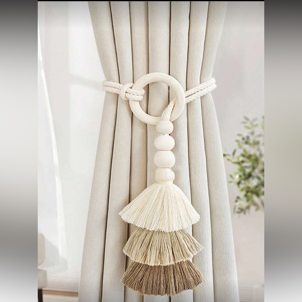 2 Boho Curtain Tieback w/ Tassels 
Neutral Farmhouse Window Decor